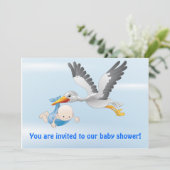 stork en baby (jongen)-uitnodiging kaart (Staand voorkant)