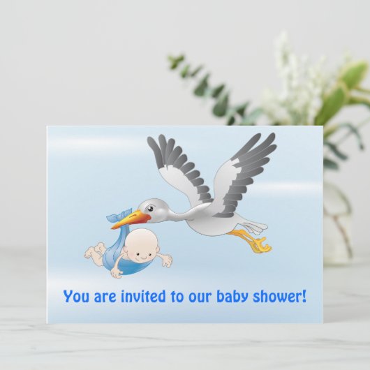 stork en baby (jongen)-uitnodiging kaart (Staand voorkant)