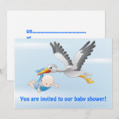 stork en baby (jongen)-uitnodiging kaart (Voorkant / Achterkant)