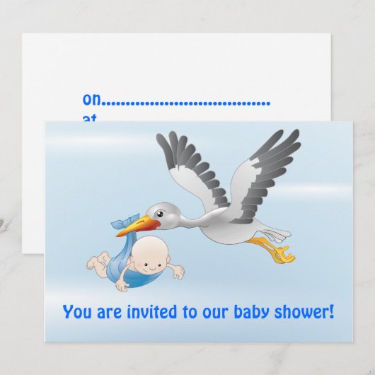 stork en baby (jongen)-uitnodiging kaart (Voorkant / Achterkant)