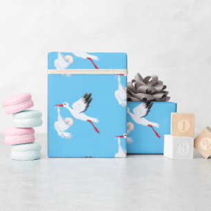 Stork en Baby op blauw Cadeaupapier