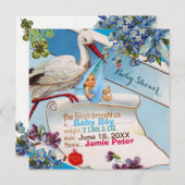 STORK, FLOWERS BOY BABY SHOWER BIRTSTATS KAART (Voorkant / Achterkant)