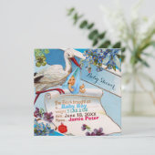 STORK, FLOWERS BOY BABY SHOWER BIRTSTATS KAART (Staand voorkant)