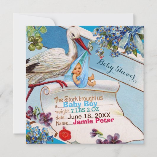 STORK, FLOWERS BOY BABY SHOWER BIRTSTATS KAART (Voorkant)