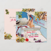 STORK, FLOWERS GiRL BABY SHOWER BIRTH STATUS Kaart (Voorkant / Achterkant)