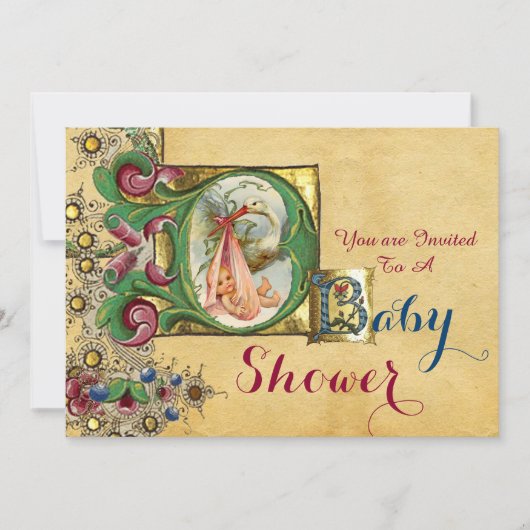 STORK GIRL BABY SHOWER FLORAL PARCHMENT MONOGRAM KAART (Voorkant)