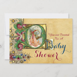 STORK GIRL BABY SHOWER FLORAL PARCHMENT MONOGRAM KAART