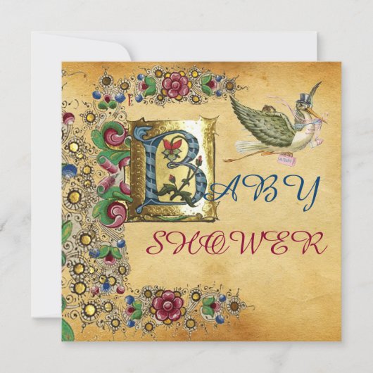 STORK GIRL BABY SHOWER FLORAL PARCHMENT MONOGRAM KAART (Voorkant)