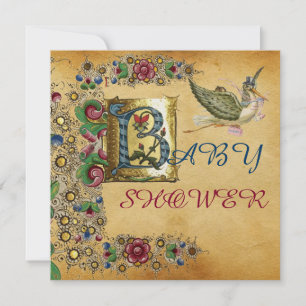 STORK GIRL BABY SHOWER FLORAL PARCHMENT MONOGRAM KAART