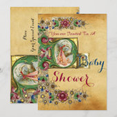 STORK GIRL BABY SHOWER FLORAL PARCHMENT MONOGRAM KAART (Voorkant / Achterkant)