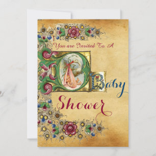 STORK GIRL BABY SHOWER FLORAL PARCHMENT MONOGRAM KAART