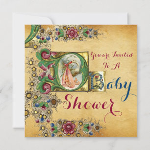 STORK GIRL BABY SHOWER FLORAL PARCHMENT MONOGRAM KAART