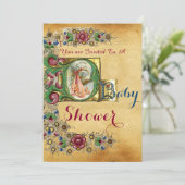 STORK GIRL BABY SHOWER FLORAL PARCHMENT MONOGRAM KAART (Staand voorkant)