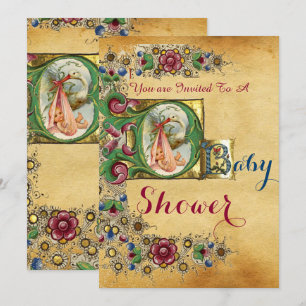 STORK GIRL BABY SHOWER FLORAL PARCHMENT MONOGRAM KAART