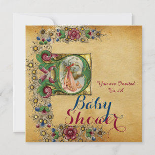 STORK GIRL BABY SHOWER FLORAL PARCHMENT MONOGRAM KAART