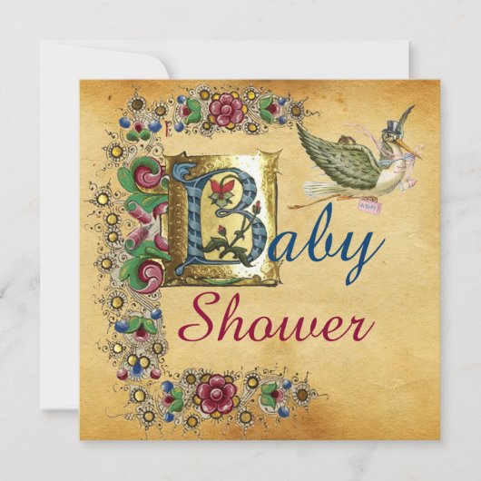 STORK GIRL BABY SHOWER FLORAL PARCHMENT MONOGRAM KAART (Voorkant)