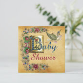 STORK GIRL BABY SHOWER FLORAL PARCHMENT MONOGRAM KAART (Staand voorkant)
