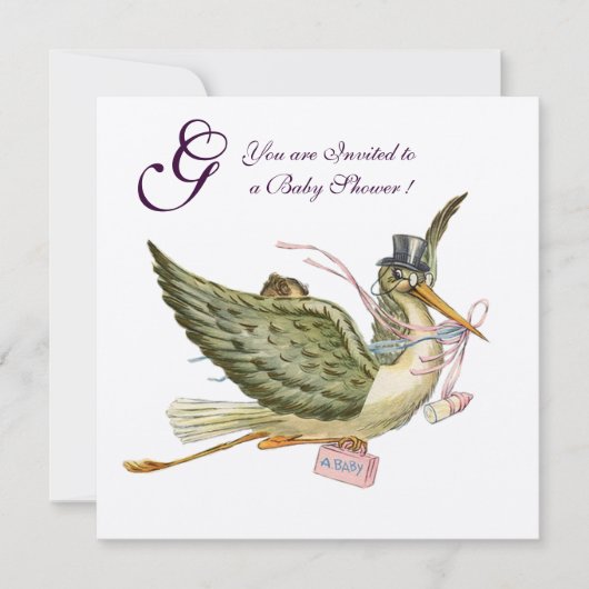 STORK GIRL BABY SHOWER MONOGRAM Pink White Kaart (Voorkant)