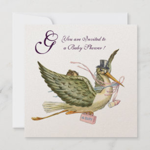 STORK GIRL BABY SHOWER MONOGRAM Pink White Kaart