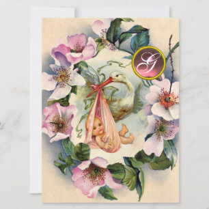 STORK GIRL BABY SHOWER, PINK WILD ROZEN MONOGRAM KAART