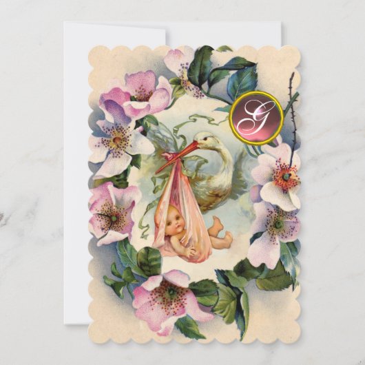 STORK GIRL BABY SHOWER, PINK WILD ROZEN MONOGRAM KAART (Voorkant)