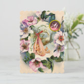 STORK GIRL BABY SHOWER, PINK WILD ROZEN MONOGRAM KAART (Staand voorkant)