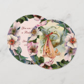 STORK GIRL BABY SHOWER, PINK WILD ROZEN MONOGRAM KAART (Voorkant / Achterkant)