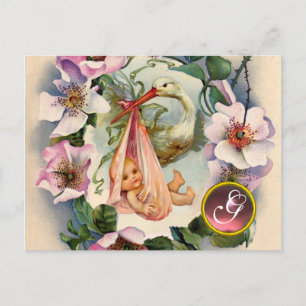 STORK GIRL BABY SHOWER, PINK WILD ROZEN MONOGRAM UITNODIGING BRIEFKAART