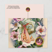 STORK GIRL BABY SHOWER, PINK WILD ROZEN MONOGRAM UITNODIGING BRIEFKAART (Voorkant / Achterkant)