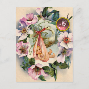 STORK GIRL BABY SHOWER, PINK WILD ROZEN MONOGRAM UITNODIGING BRIEFKAART
