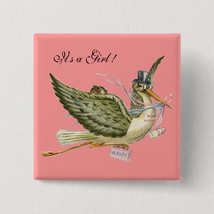 STORK GIRL BABY SHOWER Roze Het is een meisje Vierkante Button 5,1 Cm