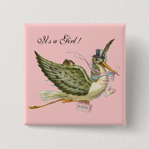 STORK GIRL BABY SHOWER Roze Vierkante Button 5,1 Cm