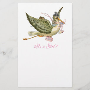 STORK GIRL BABY SHOWER Roze Wit Briefpapier