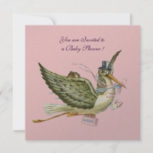 STORK GIRL-BABY SHOWER, roze zilver Kaart