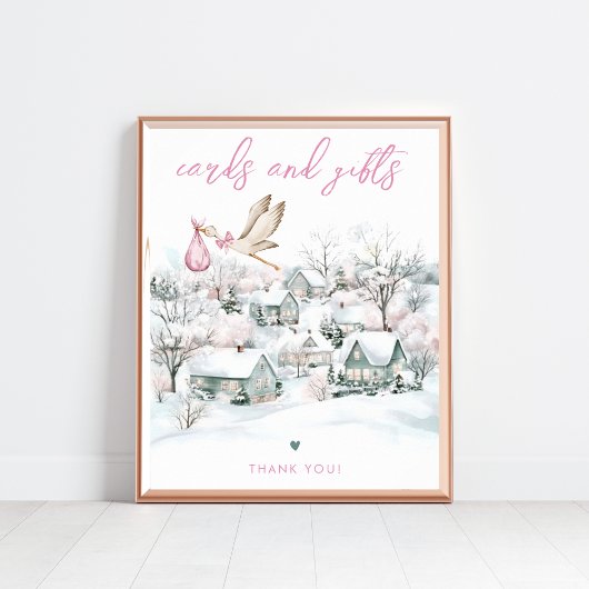 Stork Girl Winter Baby shower Kaarten & Geschenken Poster