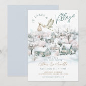 Stork Het duurt een Dorp Winter Baby shower Kaart (Voorkant / Achterkant)