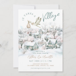 Stork Het duurt een Dorp Winter Baby shower Kaart
