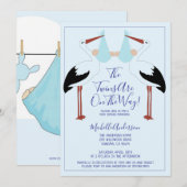 Stork Holding Blue Baby Bundles Baby shower Kaart (Voorkant / Achterkant)