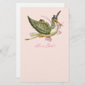 STORK MEISJE BABY SHOWER Licht Roze Briefpapier (Voorkant / Achterkant)
