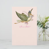 STORK MEISJE BABY SHOWER Licht Roze Briefpapier (Staand voorkant)