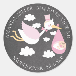 Stork Meisjes Baby shower Retouradreslabel Ronde Sticker