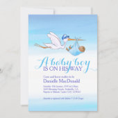 Stork met baby boy baby shower uitnodigingen (Voorkant)