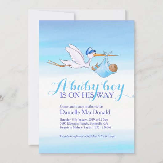 Stork met baby boy baby shower uitnodigingen (Voorkant)