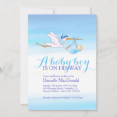 Stork met baby boy baby shower uitnodigingen (Voorkant)
