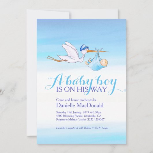 Stork met baby boy baby shower uitnodigingen (Voorkant)