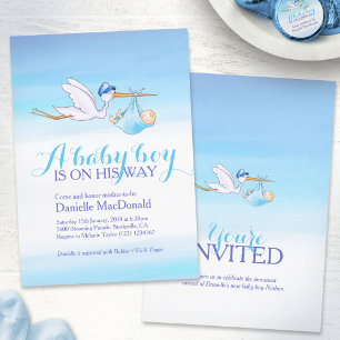 Stork met baby boy baby shower uitnodigingen