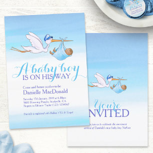 Stork met baby boy baby shower uitnodigingen