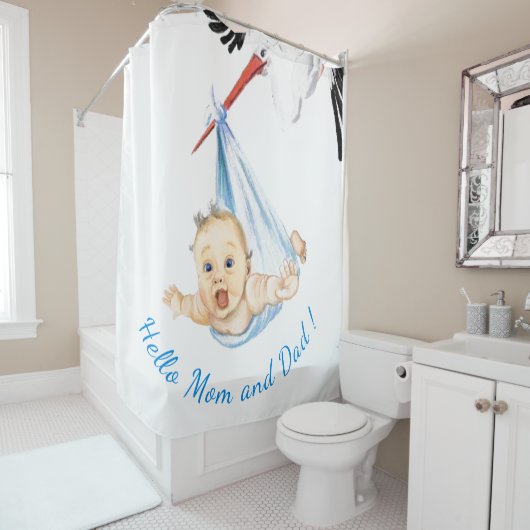 Stork met Baby Funny Shower Curtain Jouw tekst Douchegordijn (In situ)