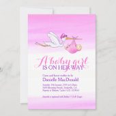 Stork met baby meisje baby shower uitnodigingen (Voorkant)