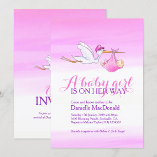 Stork met baby meisje baby shower uitnodigingen